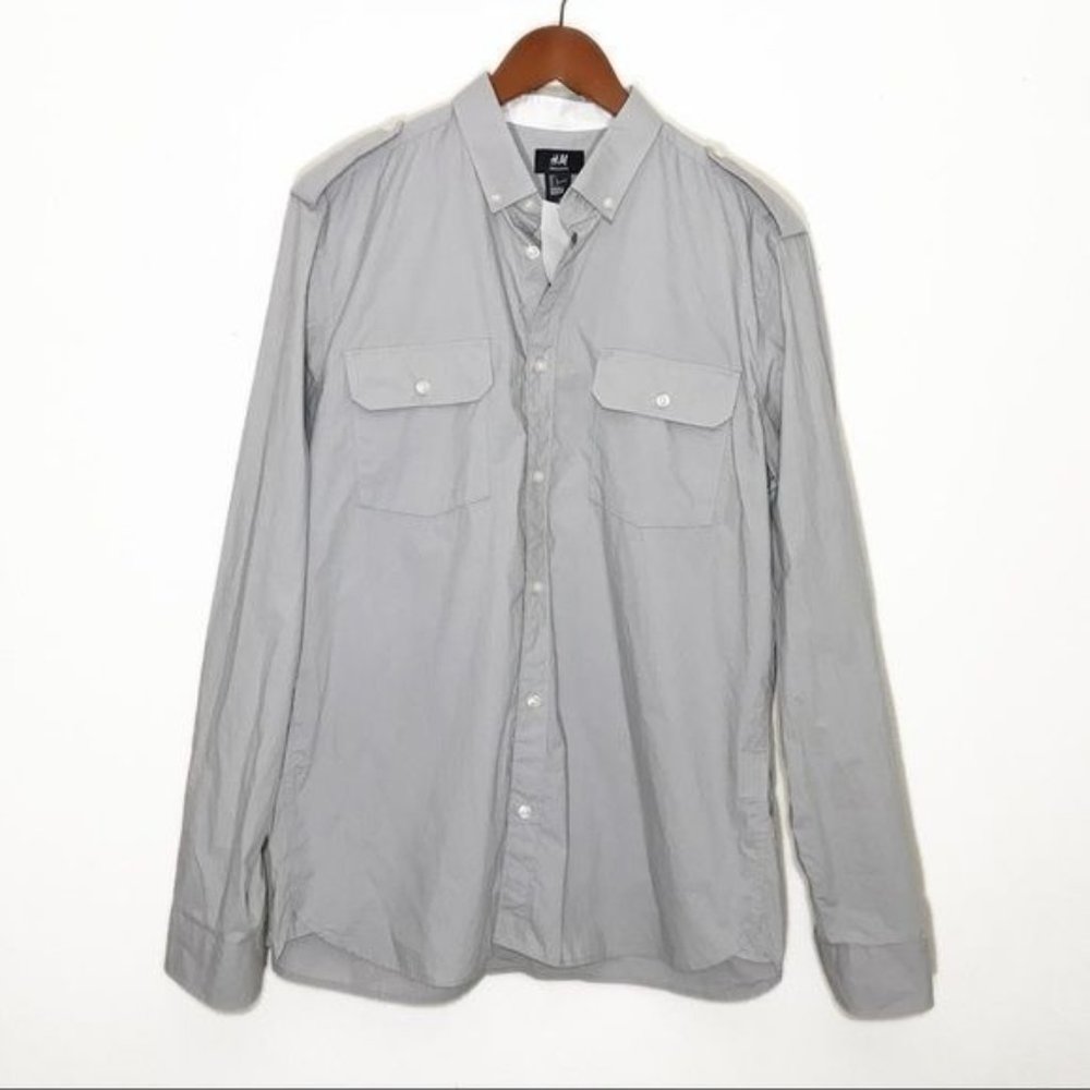 H&M Mens Regular Fit 100% Cotton Button Down Shirt In Grey Size Large